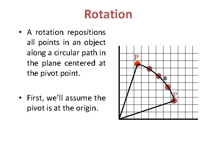 Rotation • A rotation repositions all points in an object along a circular path