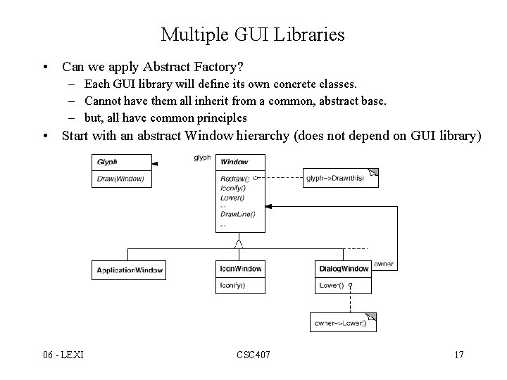 Multiple GUI Libraries • Can we apply Abstract Factory? – Each GUI library will