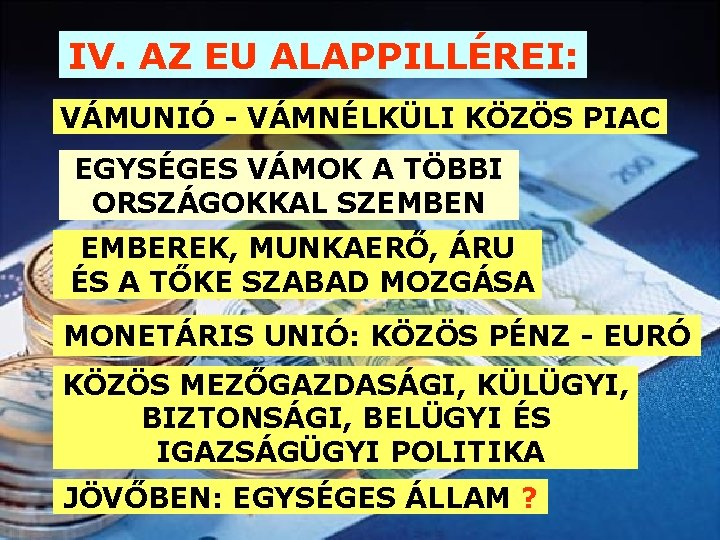 IV. AZ EU ALAPPILLÉREI: VÁMUNIÓ - VÁMNÉLKÜLI KÖZÖS PIAC EGYSÉGES VÁMOK A TÖBBI ORSZÁGOKKAL