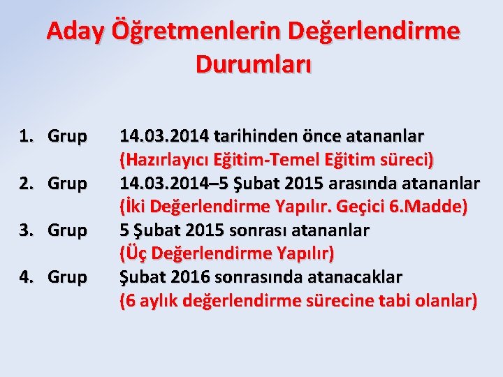 Aday Öğretmenlerin Değerlendirme Durumları 1. Grup 2. Grup 3. Grup 4. Grup 14. 03.