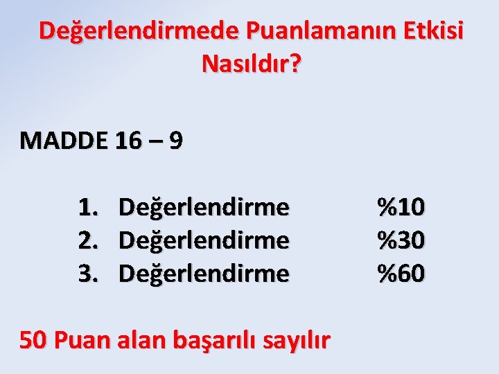 Değerlendirmede Puanlamanın Etkisi Nasıldır? MADDE 16 – 9 1. 2. 3. Değerlendirme 50 Puan