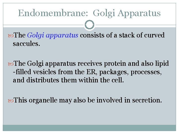 Endomembrane: Golgi Apparatus The Golgi apparatus consists of a stack of curved saccules. The