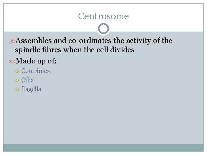 Centrosome Assembles and co-ordinates the activity of the spindle fibres when the cell divides