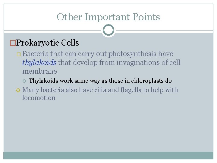 Other Important Points �Prokaryotic Cells � Bacteria that can carry out photosynthesis have thylakoids