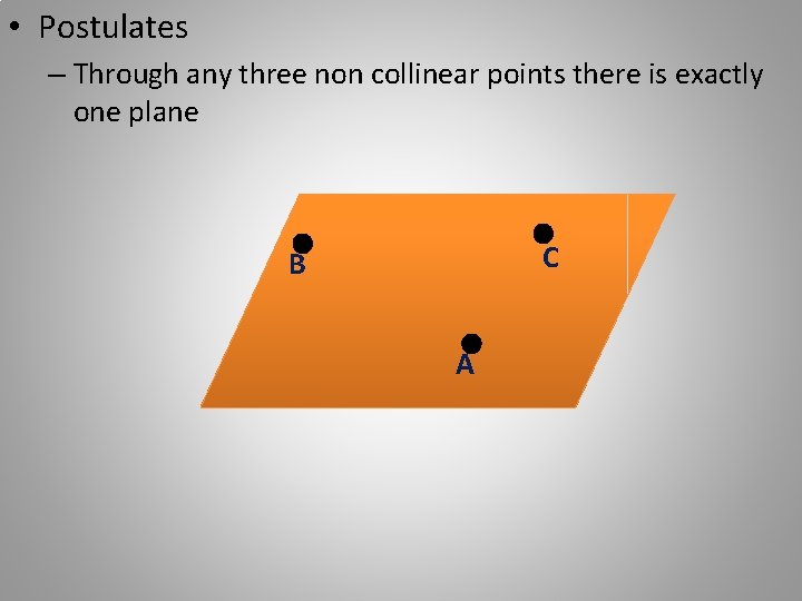  • Postulates – Through any three non collinear points there is exactly one