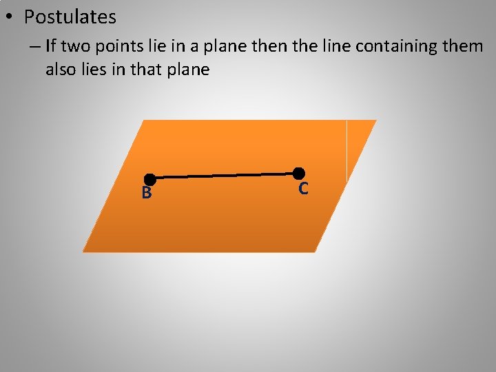  • Postulates – If two points lie in a plane then the line