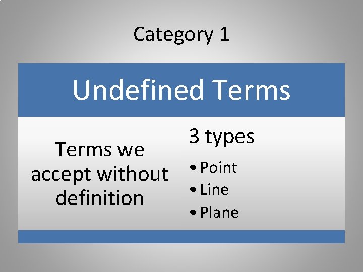 Category 1 Undefined Terms we accept without definition 3 types • Point • Line