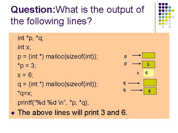 Question: What is the output of the following lines? int *p, *q; int x;