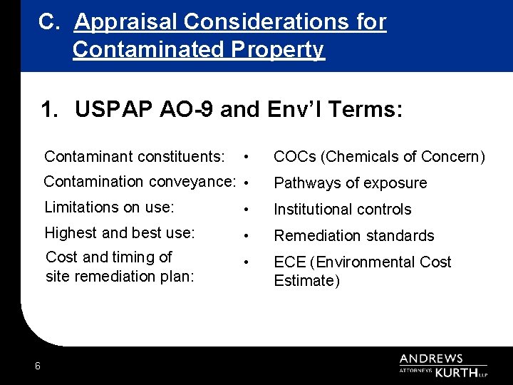 C. Appraisal Considerations for Contaminated Property 1. USPAP AO-9 and Env’l Terms: Contaminant constituents: