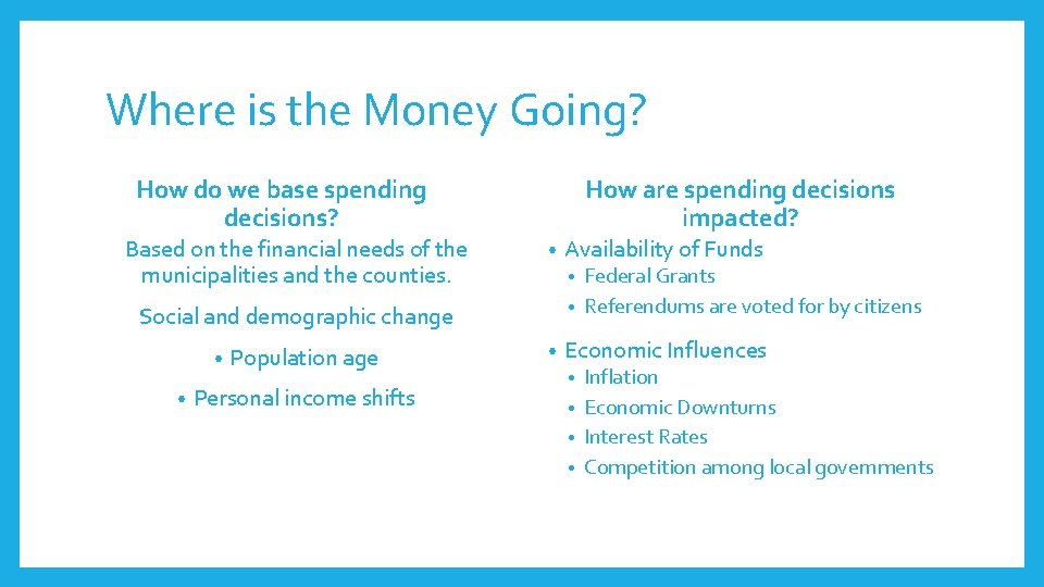 Where is the Money Going? How are spending decisions impacted? How do we base