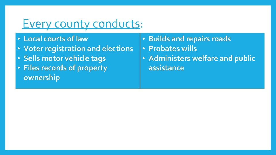 Every county conducts: • • Local courts of law Voter registration and elections Sells