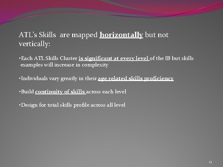 ATL’s Skills are mapped horizontally but not vertically: • Each ATL Skills Cluster is