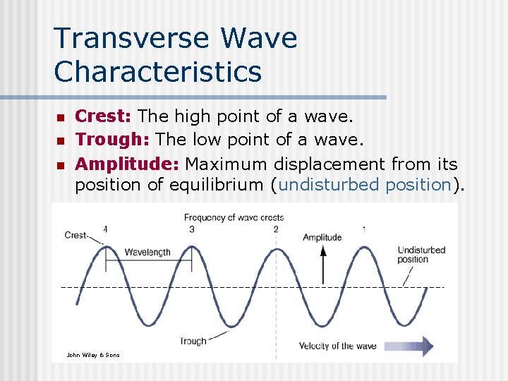Transverse Wave Characteristics n n n Crest: The high point of a wave. Trough: