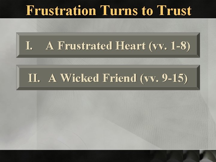 Frustration Turns to Trust I. A Frustrated Heart (vv. 1 -8) II. A Wicked