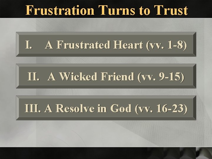 Frustration Turns to Trust I. A Frustrated Heart (vv. 1 -8) II. A Wicked