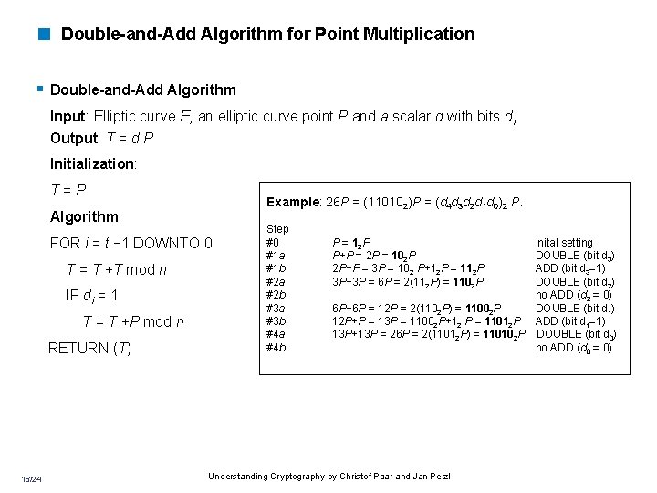 < Double-and-Add Algorithm for Point Multiplication § Double-and-Add Algorithm Input: Elliptic curve E, an