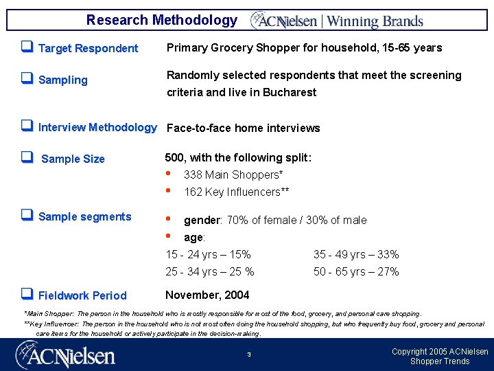 Research Methodology q Target Respondent Primary Grocery Shopper for household, 15 -65 years q