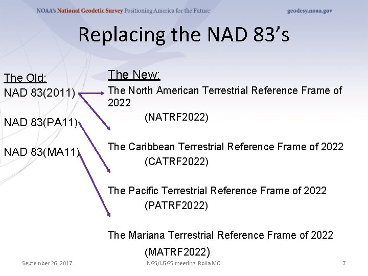 Replacing the NAD 83’s The Old: NAD 83(2011) NAD 83(PA 11) NAD 83(MA 11)