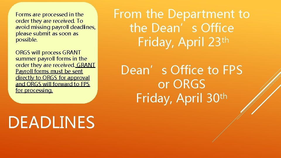Forms are processed in the order they are received. To avoid missing payroll deadlines, Forms are processed in the order they are received. To avoid missing payroll deadlines,