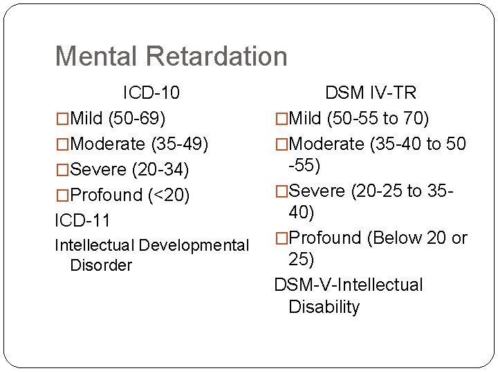 Mental Retardation ICD-10 �Mild (50 -69) �Moderate (35 -49) �Severe (20 -34) �Profound (<20)