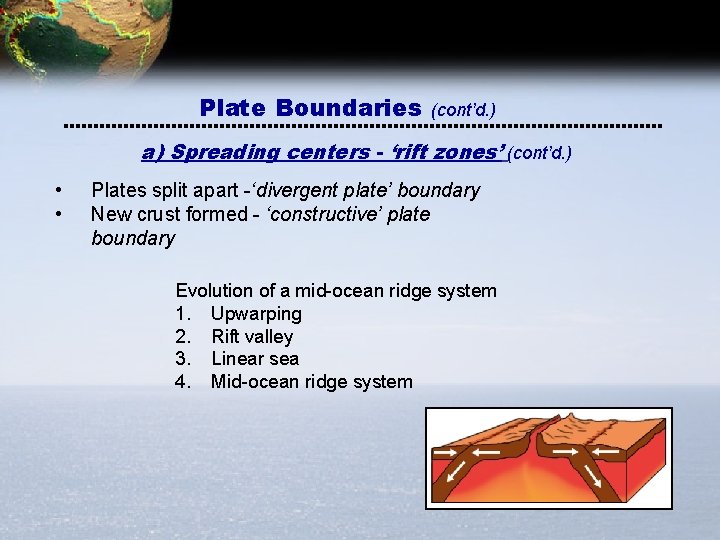 Plate Boundaries (cont’d. ) a) Spreading centers - ‘rift zones’ (cont’d. ) • • Plate Boundaries (cont’d. ) a) Spreading centers - ‘rift zones’ (cont’d. ) • •