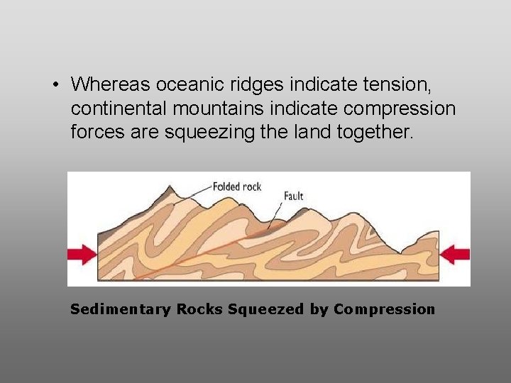 • Whereas oceanic ridges indicate tension, continental mountains indicate compression forces are squeezing • Whereas oceanic ridges indicate tension, continental mountains indicate compression forces are squeezing