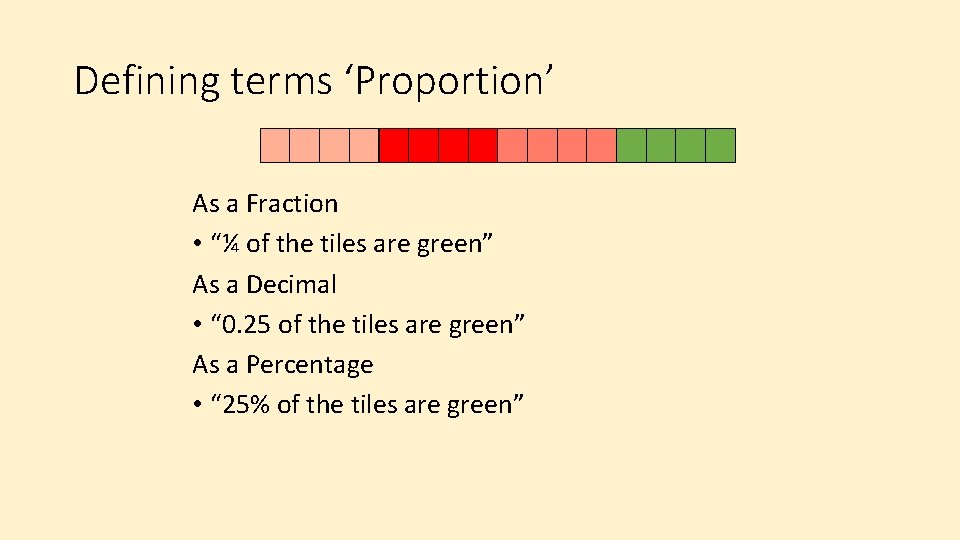 Defining terms ‘Proportion’ As a Fraction • “¼ of the tiles are green” As