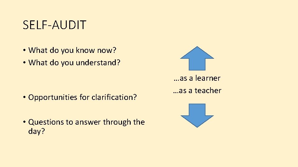 SELF-AUDIT • What do you know now? • What do you understand? • Opportunities