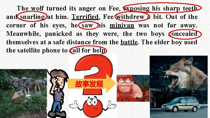 The wolf turned its anger on Fee, exposing his sharp teeth and snarling at