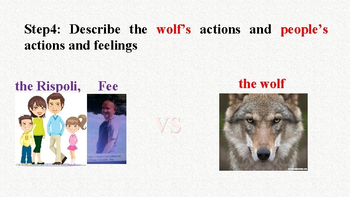Step 4: Describe the wolf’s actions and people’s actions and feelings the Rispoli, the
