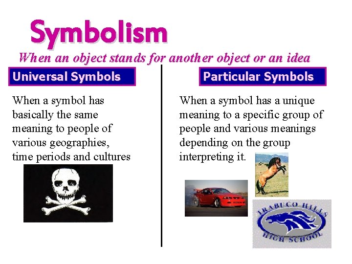 Symbolism When an object stands for another object or an idea Universal Symbols When