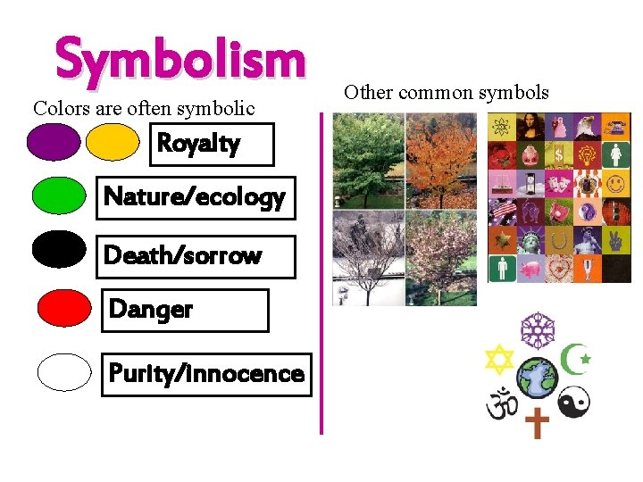 Symbolism Colors are often symbolic Royalty Nature/ecology Death/sorrow Danger Purity/innocence Other common symbols 