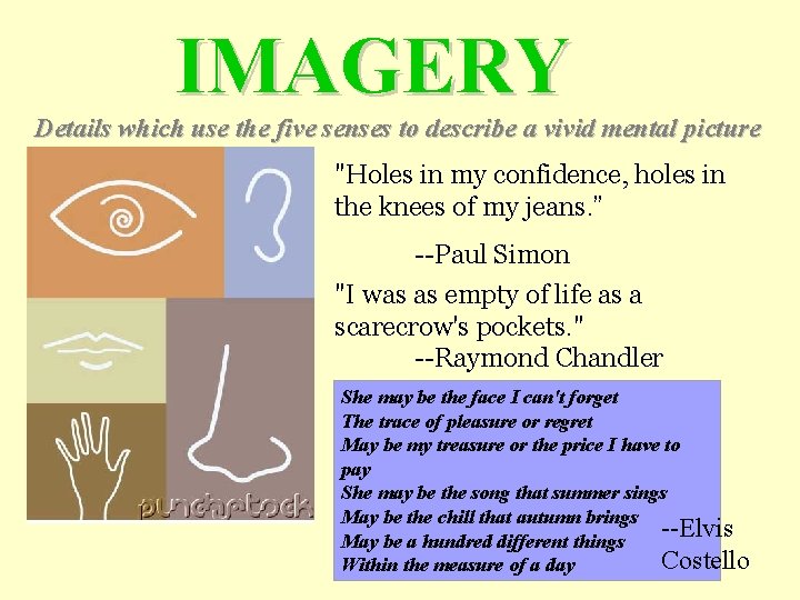 IMAGERY Details which use the five senses to describe a vivid mental picture "Holes