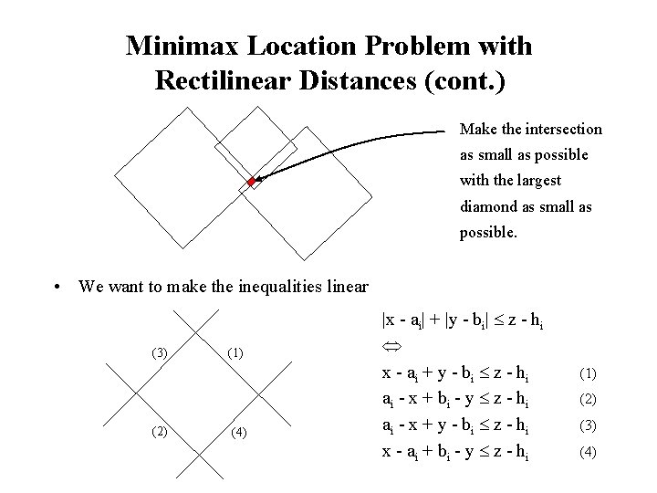 Minimax Location Problem with Rectilinear Distances (cont. ) Make the intersection as small as