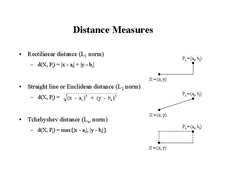 Distance Measures • Rectilinear distance (L 1 norm) Pi = (ai, bi) – d(X,