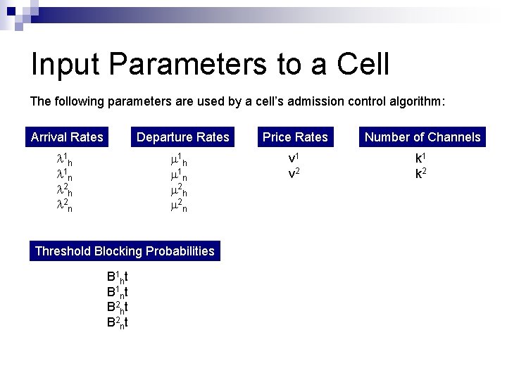 Input Parameters to a Cell The following parameters are used by a cell’s admission Input Parameters to a Cell The following parameters are used by a cell’s admission