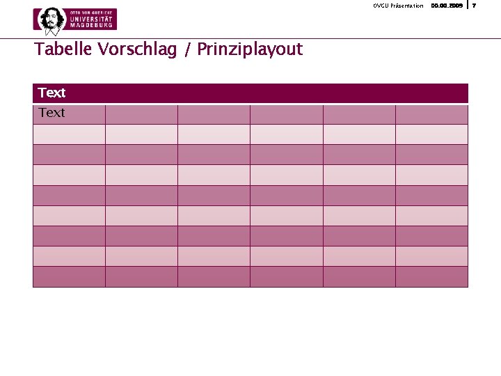 OVGU Präsentation Tabelle Vorschlag / Prinziplayout Text 00. 2009 7 