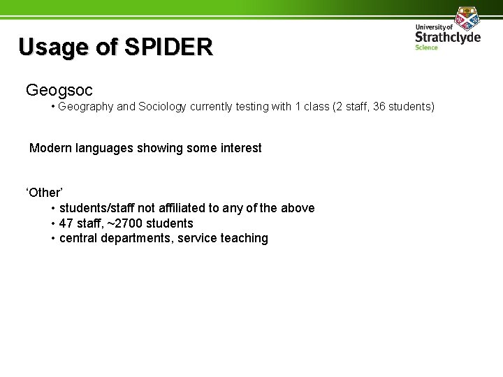 Usage of SPIDER Geogsoc • Geography and Sociology currently testing with 1 class (2