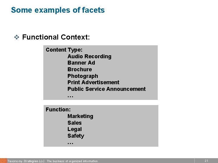 Some examples of facets v Functional Context: Content Type: Audio Recording Banner Ad Brochure