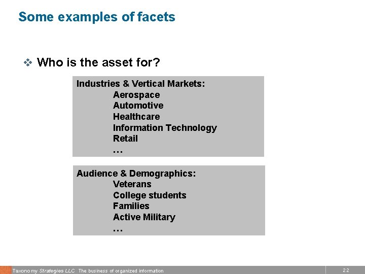 Some examples of facets v Who is the asset for? Industries & Vertical Markets: