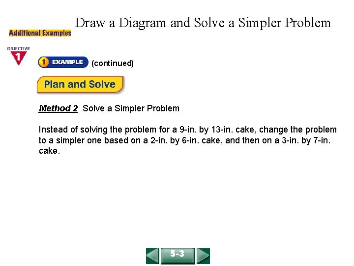 COURSE 2 LESSON 5 -3 Draw a Diagram and Solve a Simpler Problem (continued) COURSE 2 LESSON 5 -3 Draw a Diagram and Solve a Simpler Problem (continued)