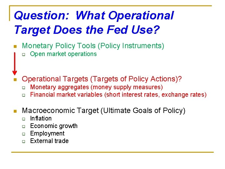 Question: What Operational Target Does the Fed Use? n Monetary Policy Tools (Policy Instruments) Question: What Operational Target Does the Fed Use? n Monetary Policy Tools (Policy Instruments)