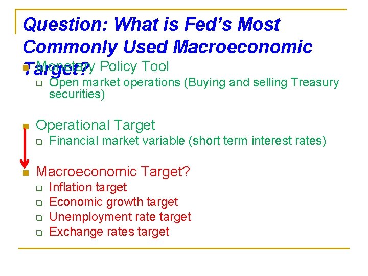 Question: What is Fed’s Most Commonly Used Macroeconomic n Monetary Policy Tool Target? q