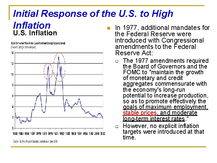 Initial Response of the U. S. to High Inflation n In 1977, additional mandates