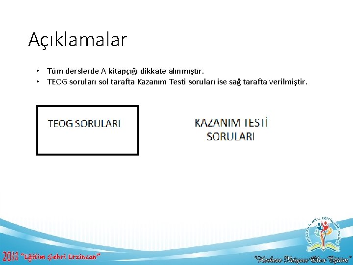 Açıklamalar • Tüm derslerde A kitapçığı dikkate alınmıştır. • TEOG soruları sol tarafta Kazanım