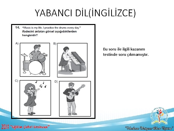 YABANCI DİL(İNGİLİZCE) Bu soru ile ilgili kazanım testinde soru çıkmamıştır. 