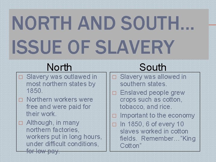 NORTH AND SOUTH… ISSUE OF SLAVERY North � � � Slavery was outlawed in
