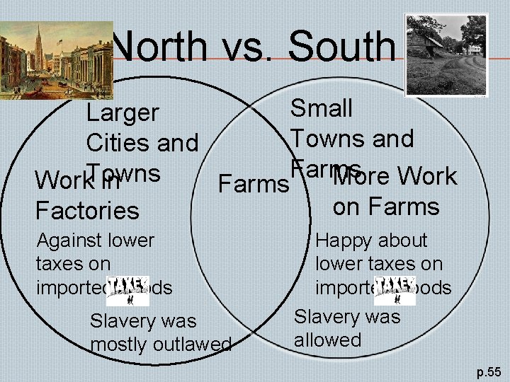 North vs. South Small Larger Towns and Cities and Farms Towns More Work in