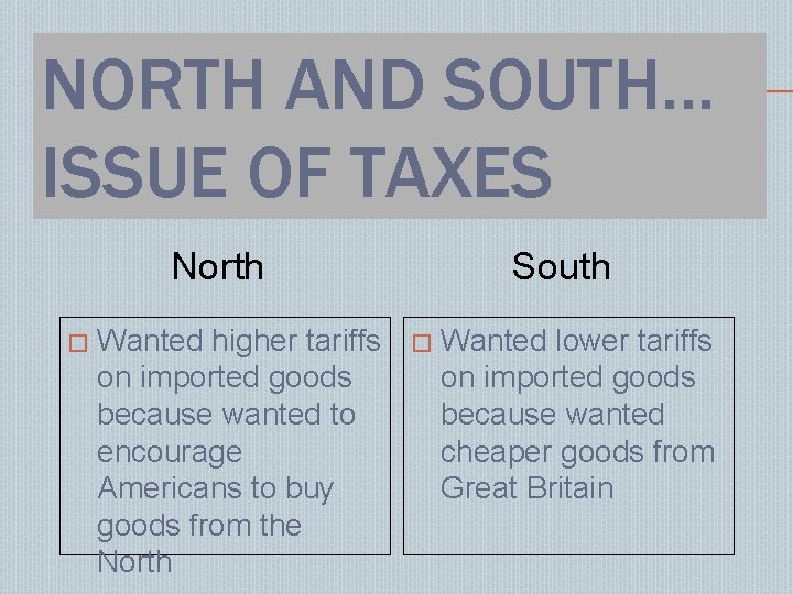 NORTH AND SOUTH… ISSUE OF TAXES North � Wanted higher tariffs on imported goods