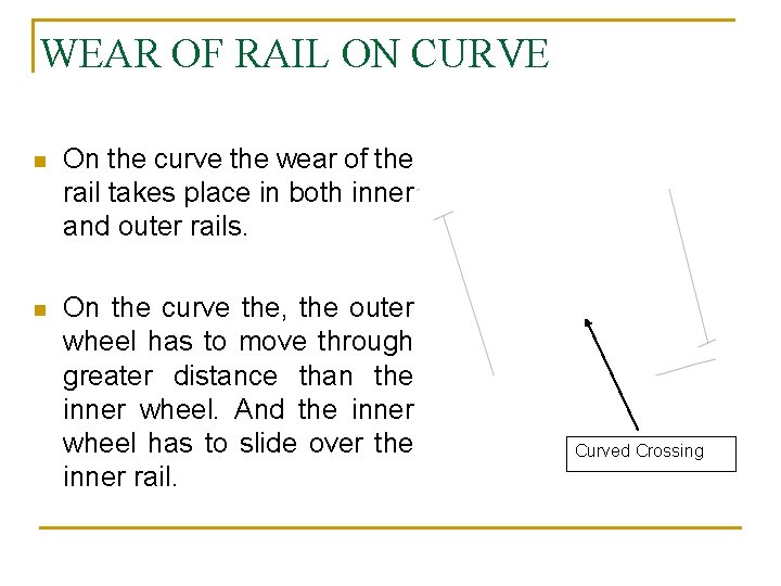 WEAR OF RAIL ON CURVE n On the curve the wear of the rail